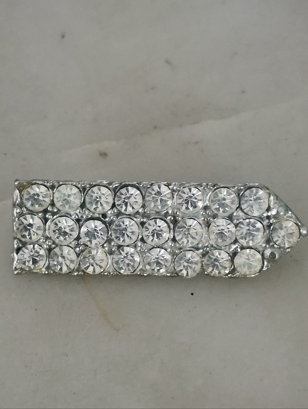 Vtg Rhinestone Pave Bar Brooch - Silver Clear